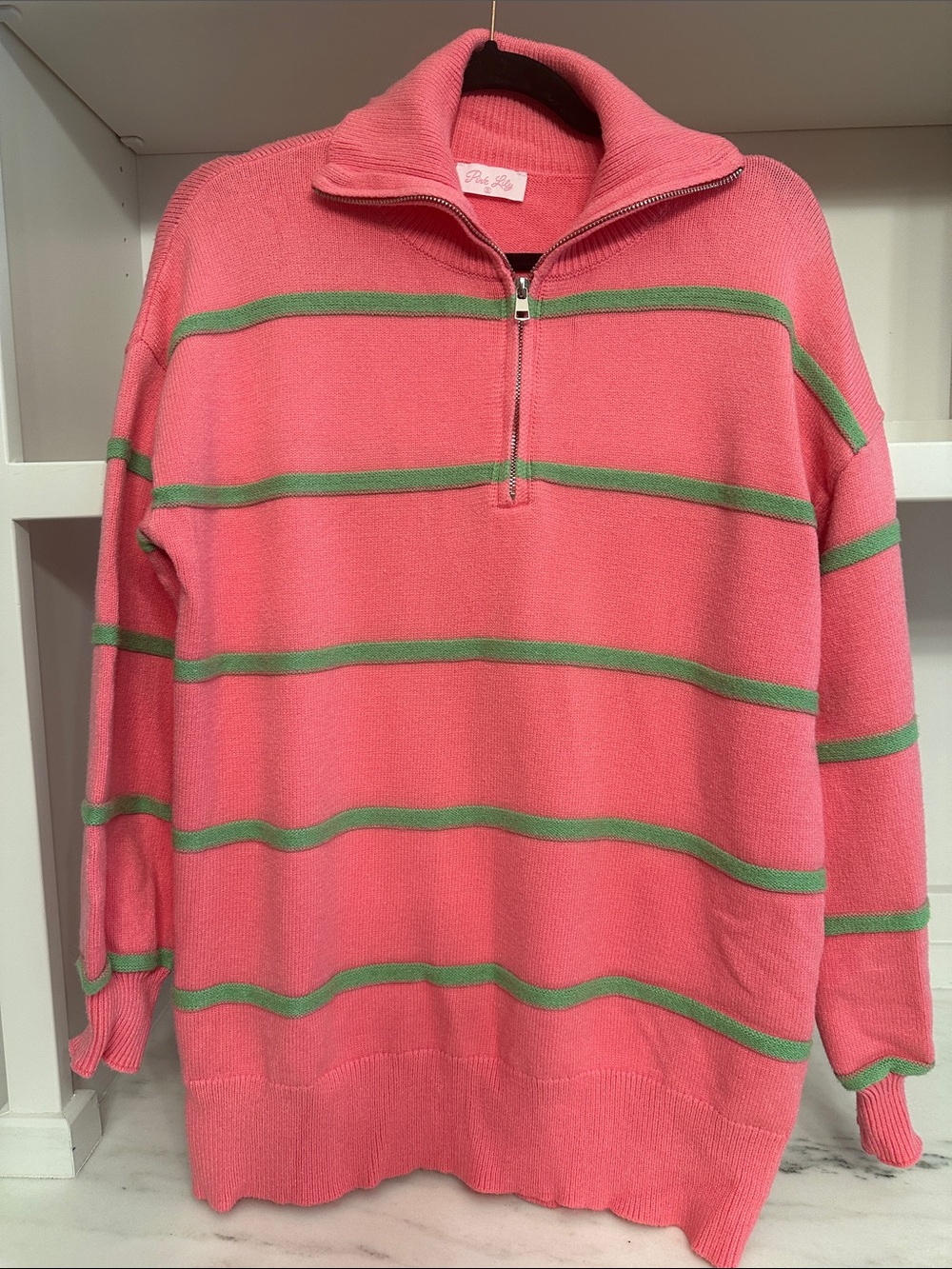 Pink Lily small Classic Half-Zip Striped Sweater - Pink/Green.  Like new